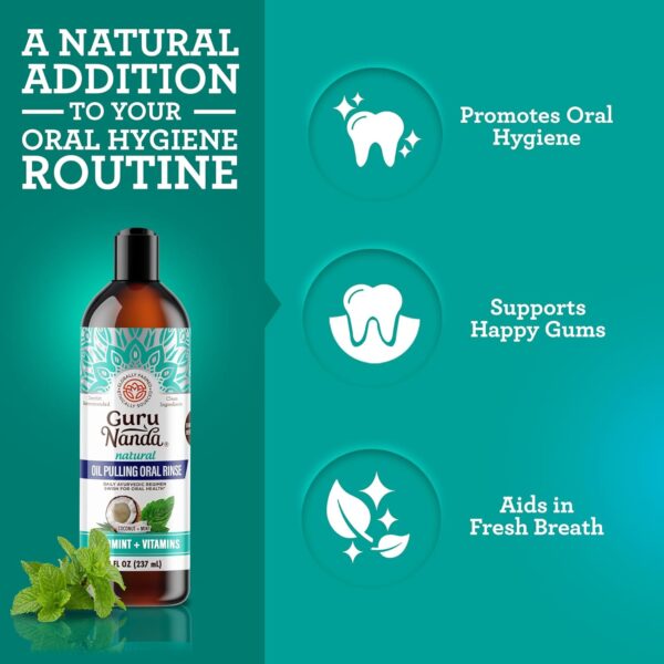 GuruNanda Coconut Oil Pulling, Promotes Fresh Breath & Oral Hygiene, 7 Essential Oils & Vitamins for Happy Teeth & Gums, Alcohol-Free, 8 oz - Image 3