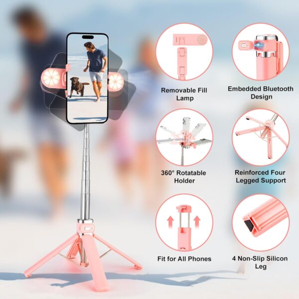 Mini Phone Tripod Stand,MQOUNY 38" Phone Tripod &Selfie Stick with Wireless Rechargeable Remote & Removable Light, Extendable Tripod Stand 360 Rotation Compatible with Phone&Android (MEI-Pink) - Image 2
