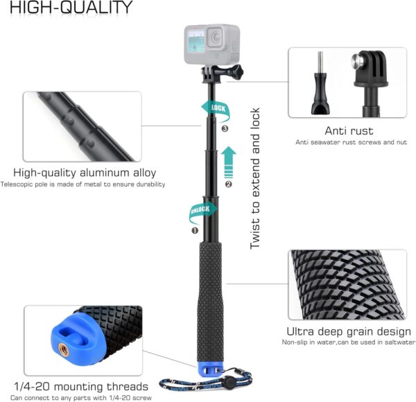 7''-23''Waterproof Pole Selfie Stick Pocket Size Underwater Handle Grip Monopod Aluminum for Gopro Hero Session Max Insta360 AKASO DJI OSMO Digital Cameras - Image 3