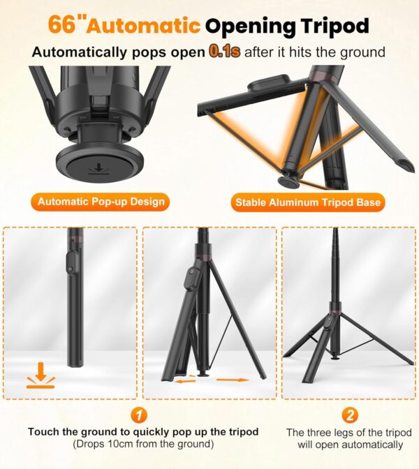 TONEOF 66" Automatic Phone Tripod with Magnetic Rechargable Remote,Selfie Stick 360° Vertical & Horizontal Rotatable,Stable for iPhone/Android(Black) - Image 2