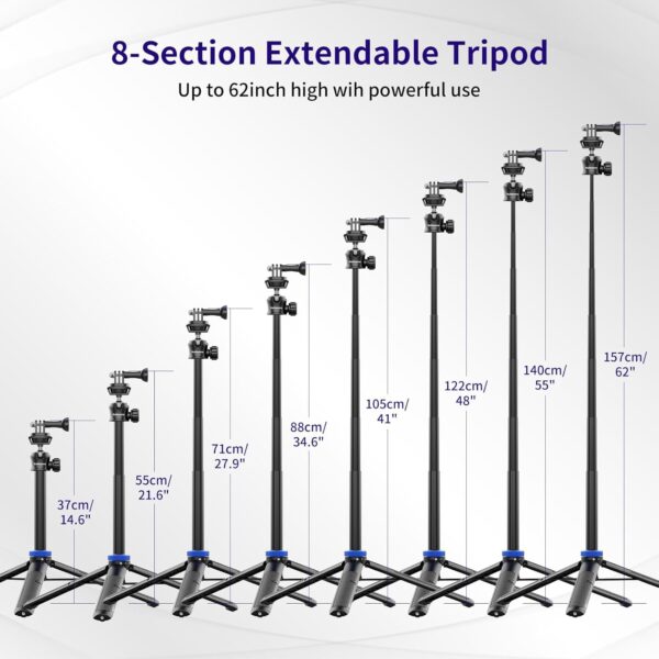 Selfie Stick Tripod for Gopro Camera, 62" Extendable Tripod Stand with 360° Ball Head 1/4" Screw, Portable Lightweight Camera Tripod for GoPro Max Hero 11 10 9 8 7 6 5 DJI OSMO Action Camera - Image 5