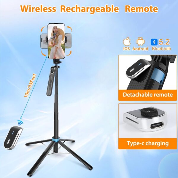 Eocean 71" Tall Selfie Stick Tripod Quadripod with Remote & with 360° Ballhead, Aluminum Alloy Extendable Cell Phone Tripod Stand, Travel Tripod Phone Holder Compatible with iPhone/Android/GoPro - Image 5
