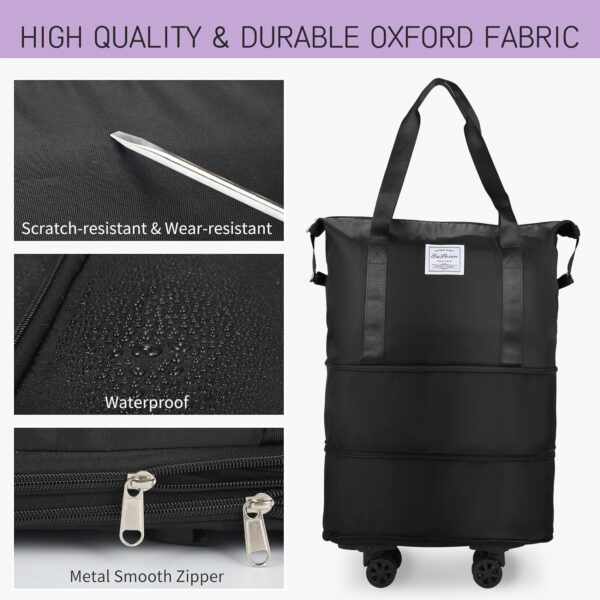 VOOWO Rolling Duffle Bag with Wheels, Expandable Foldable Duffle Bag for Travel, Rolling Under Seat Luggage Carry on Duffel Bags, Wheeled Travel Duffel Large Overnight Weekend Bags (Black) - Image 4