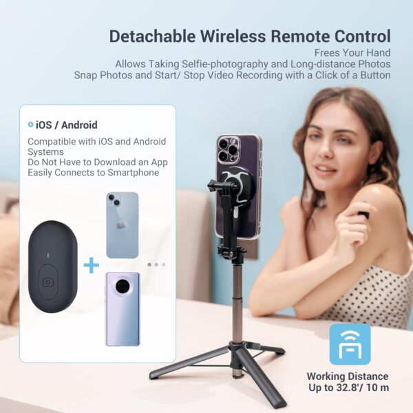 Magnetic Selfie Stick Tripod with Remote, Magnetic Stand for iPhone 16 15 14 13 12 Pro Max Mini, Phone Tripod for Magsafe & Android & Compact Camera & GoPro - Image 4