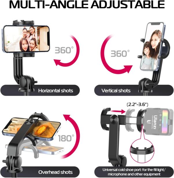 ULANZI SK-03 Selfie Stick Tripod, 64" Professional Stable Phone Stand for Smartphone/Action Camera, 3 in 1 Extendable With Detachable Remote for Travel Selfies Video Recording Vlog - Image 8