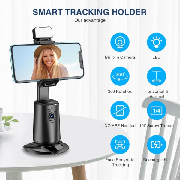 Auto Face Tracking Tripod 360° Rotating Auto Tracking Phone Stand, No App, Phone Camera Stand with Remote and Gesture Control, Rechargeable Smart Shooting Stand for Live Video Recording Tiktok（Black） - Image 2