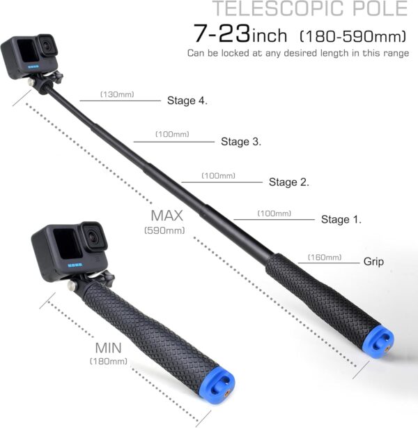 7''-23''Waterproof Pole Selfie Stick Pocket Size Underwater Handle Grip Monopod Aluminum for Gopro Hero Session Max Insta360 AKASO DJI OSMO Digital Cameras - Image 2