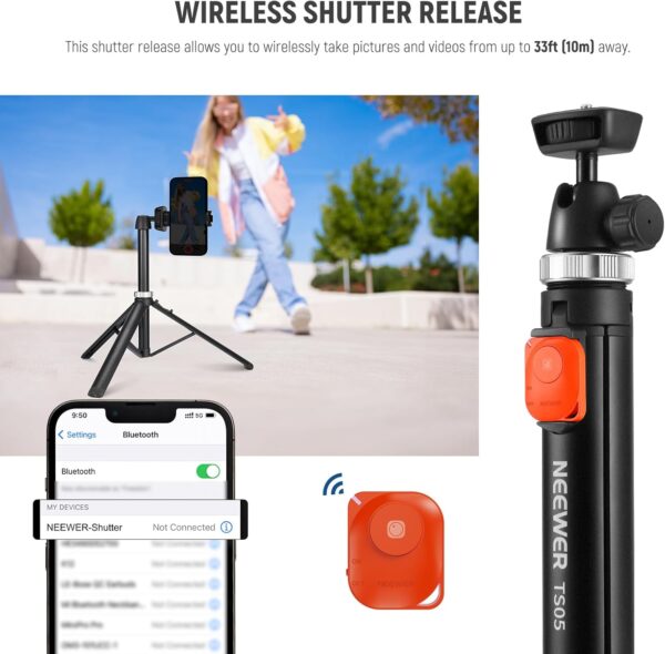 NEEWER Phone Tripod for Cell Phone & Camera with Remote, 62.9" All Metal Selfie Stick Travel Vlog Tripod Stand for iPhone with Phone Holder, Portable Camera Tripod for Canon Sony DLSR GoPro, TS05 - Image 8
