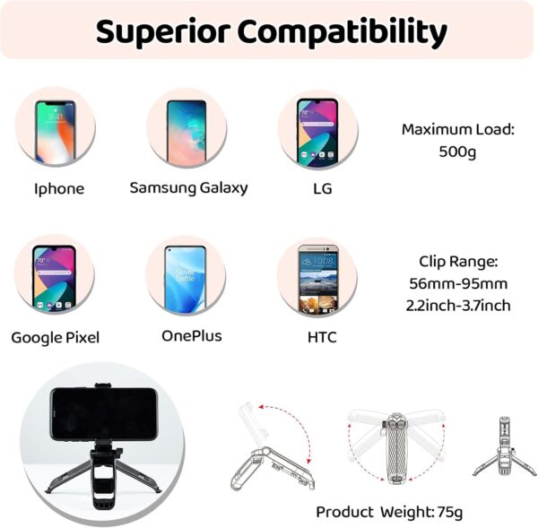 Phone Tripod Mini Tripod Tabletop Small Tripod Desktop Stand Compact Vlog Travel Selfie Stick Handle Grip for iPhone 13, Samsung Smartphone - Image 6