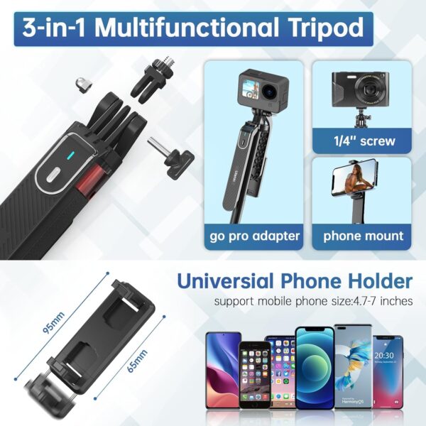 Ulanzi MA09 Selfie Stick Tripod, 71/'' Extendable Phone Tripod with Romote, Portable Cellphone Stand Tripod Quadrapod & iPhone Tripod, 3-in-1 Upgraded Travel Tripod for iPhone/Samsung/Camera/GoPro - Image 2