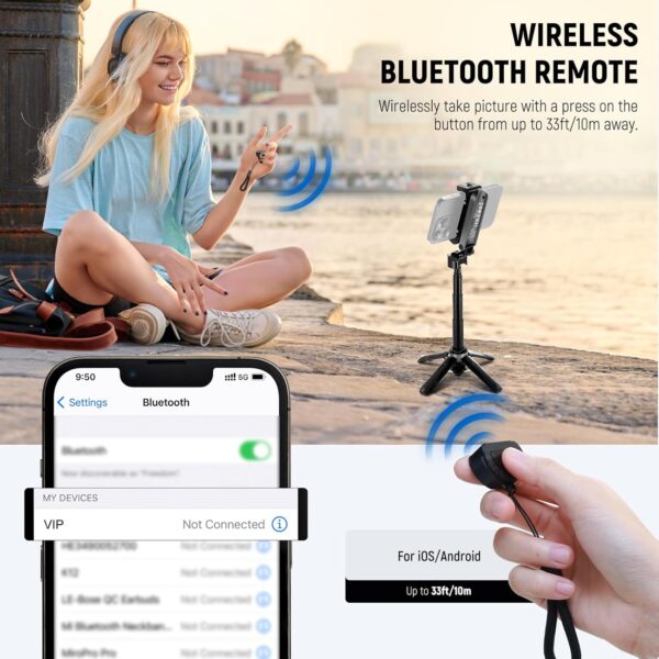 NEEWER Selfie Stick with Detachable Bluetooth Remote Shutter, Lightweight Foldable Travel Tripod for iPhone, 360° Phone Holder Cold Shoe for YouTube/TikTok Vlogs Live Streaming Photography, Black, P15 - Image 7