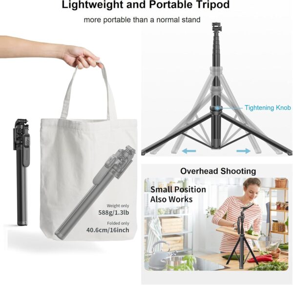 80" Phone Tripod Selfie Stick - Tall Tripod for iPhone with Remote Cellphone Holder Stick for Video Photo Vlog, 360° Rotation Phone Camera Tripods Cold Shoe Mount for iPhone Android - Image 7