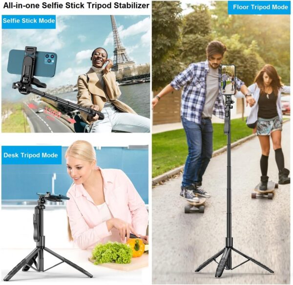 Selfie Stick Phone Tripod for iPhone - 60" Extendable Cellphone Tripod Selfie Stick for iPhone Android Camera 360° Rotating Travel Tripods Stabilizer Phone Stand Holder for Pictures Video Record Vlog - Image 2