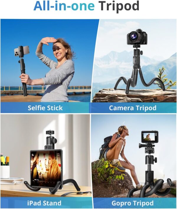 UBeesize Extendable Phone Tripod, Flexible Tripods with Remote, 3 in 1 Selfie Stick with Gopro Mount, iPhone Stand for Recording, Volgging, Live Streaming Fit for Cell Phones, Canon Sony Cameras - Image 4