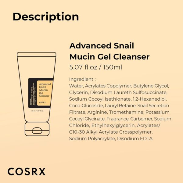 COSRX Advanced Snail Mucin Gel Cleanser, 5.07 Fl Oz / 150 mL, Rich Daily Deep Cleansing Gel for Dry & Sensitive Skin, Korean Skin Care, Not Tested on Animals, No Parabens - Image 7