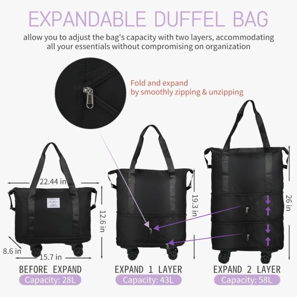 VOOWO Rolling Duffle Bag with Wheels, Expandable Foldable Duffle Bag for Travel, Rolling Under Seat Luggage Carry on Duffel Bags, Wheeled Travel Duffel Large Overnight Weekend Bags (Black) - Image 2