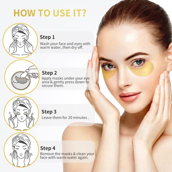 Under Eye Patches - 60 Pcs - 24K Gold Eye Mask- Puffy Eyes & Dark Circles Treatments,Reduce Under Eye Bags and Smooth Wrinkles,Eye Skin Care Pads With Collagen,Hyaluronic Acid & Castor Oil - Image 5