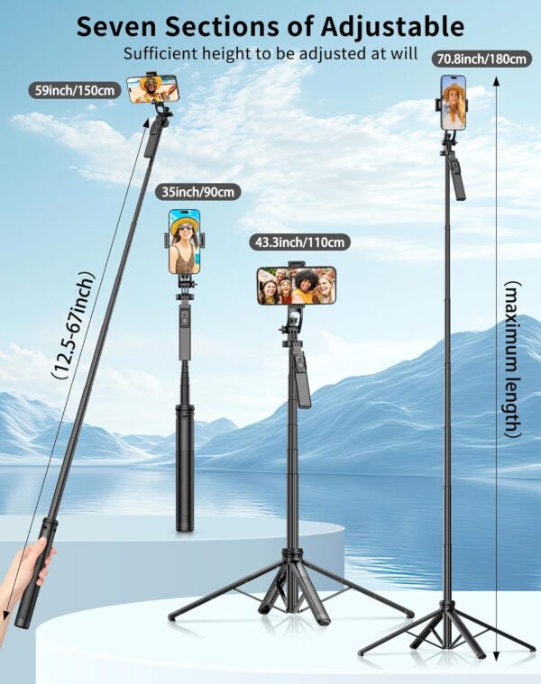 Selfie Srick Tripod Phone:70.8" Adjustable Stand for iPhone 15/Samsung S23/GoPro, Portable Tripod for Camera & Phone, Vlogging, YouTube Live Streaming, Travel Photography - Image 2