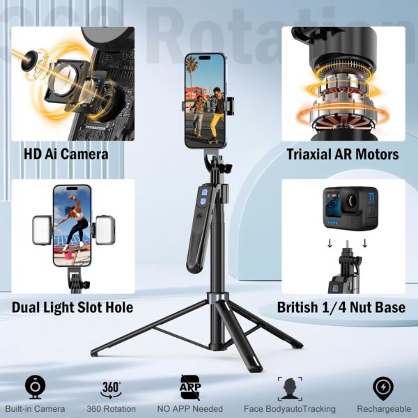 70" Face Tracking Tripod 360 Rotation with Stand,Selfie Stick for iPhone and Android,Phone Tripod with Remote and Gesture Control,Built-in Tracking Camera Selfiestick for Vlog Video Recording Tiktok - Image 6
