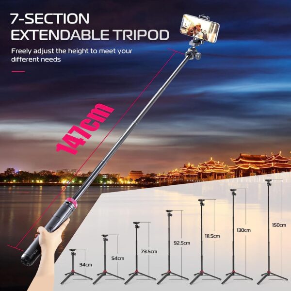 ULANZI MT-44 Extendable Phone Tripod, 59" Selfie Stick Vlog Stand with 2 in 1 Phone Clip, 360° Ball Head Camera-Tripod for iPhone Sony Canon Action Camera, Lightweight for Travel - Image 4