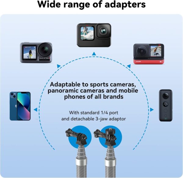 TELESIN G3 Invisible Selfie Stick for GoPro Insta360 (120cm/47.2"), Waterproof Carbon Fiber Extension Pole for GoPro 13 12 11 10 9 8 Insta 360 X3 X4 Go 3 Ace Pro 2 DJI Action 3 4 5 Osmo Pocket 3 - Image 6