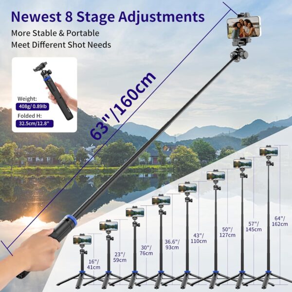 Selfie Stick Tripod with Remote Control, 64" Extendable Vlog Stand with 2-in-1 Phone Clip, 360 Ball Head Camera Tripod for iPhone, Sony, Canon, GoPro, Lightweight for Travel - Image 5