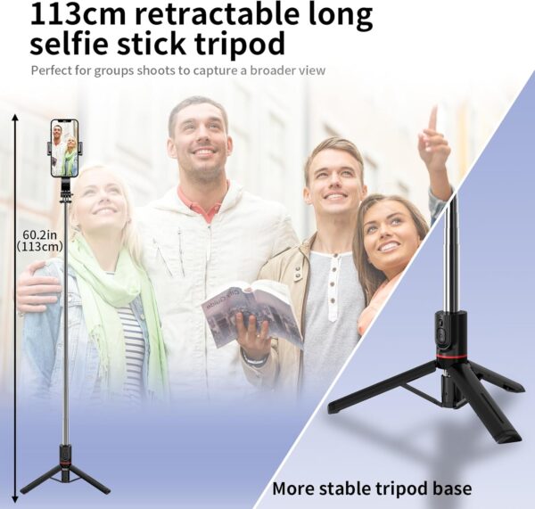 Selfie Stick Tripod, 44" Extendable, 360° Rotatable, Wireless Remote, Detachable Phone Holder, Lightweight & Portable, Compatible with iPhone, Samsung, Android, Ideal for Travel & Vlogging - Image 2