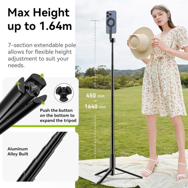 ULANZI 64.6'' Magnetic Selfie Stick Tripod Max, All-in-One Phone Tripod w Magnetic Phone Holder & Detachable Wireless Remote, C/W Magsafe, for iPhone 16 15 14 13 12 Series & Android Phones (Black) - Image 3