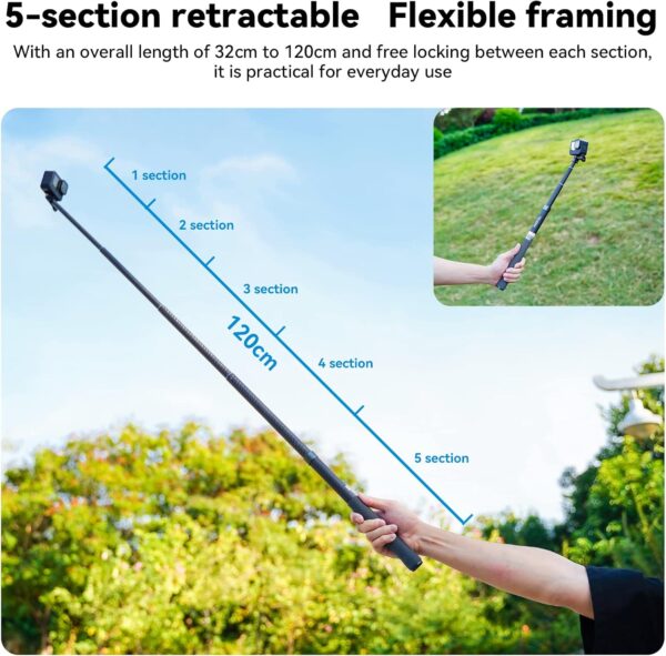 TELESIN G3 Invisible Selfie Stick for GoPro Insta360 (120cm/47.2"), Waterproof Carbon Fiber Extension Pole for GoPro 13 12 11 10 9 8 Insta 360 X3 X4 Go 3 Ace Pro 2 DJI Action 3 4 5 Osmo Pocket 3 - Image 5