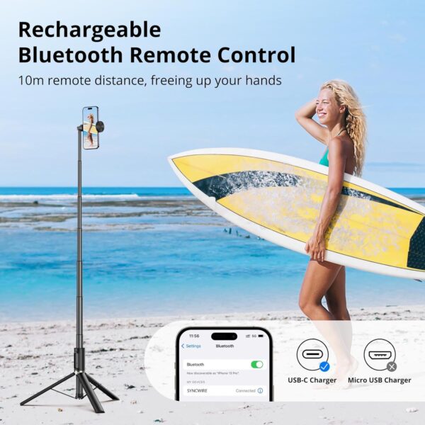 SYNCWIRE 55" Selfie Stick Phone Tripod, All-in-one Extendable Aluminum Cell Phone Tripod Stand Travel Tripod with Rechargeable Bluetooth Remote, Compatible with iPhone, Samsung and More Android Phone - Image 5