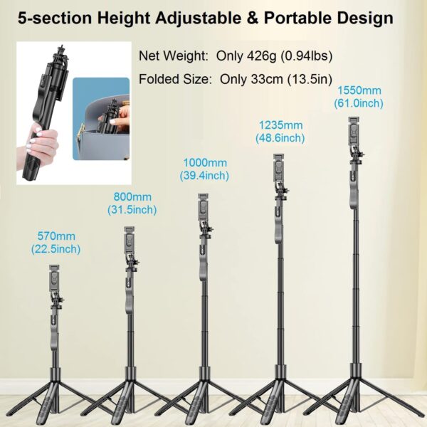 Selfie Stick Phone Tripod for iPhone - 60" Extendable Cellphone Tripod Selfie Stick for iPhone Android Camera 360° Rotating Travel Tripods Stabilizer Phone Stand Holder for Pictures Video Record Vlog - Image 7