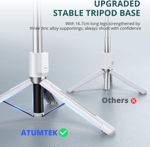 ATUMTEK 59" Selfie Stick Tripod, Stable Tripod Stand with Detachable Bluetooth Remote, Compatible with iPhone 14 Pro Max/14 Plus/14/13/12/11, GoPro, Samsung, LG, Google Smartphones, White - Image 8