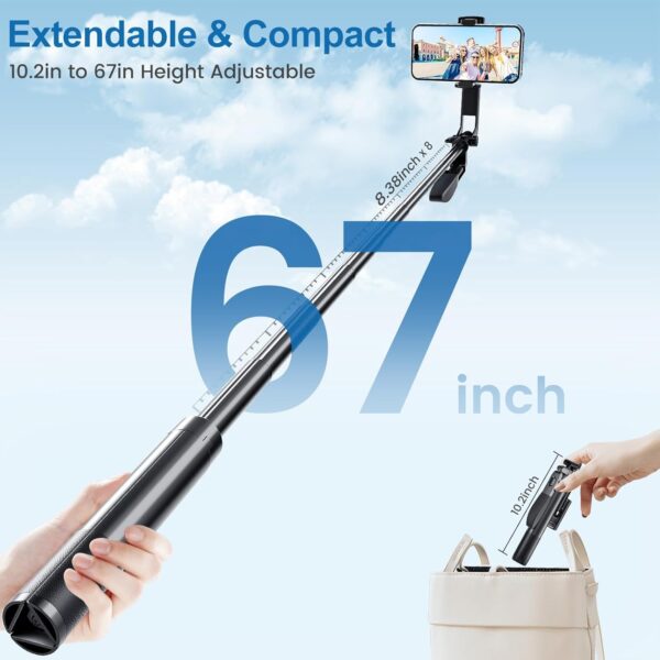 Marchpower 67'' Tripod for Cell Phone, Selfie Stick for iPhone Android with Remote and Light, Panoramic Photography Portable Travel Tripod for Video Recording/Live Streaming/Photography/Vlog - Image 3