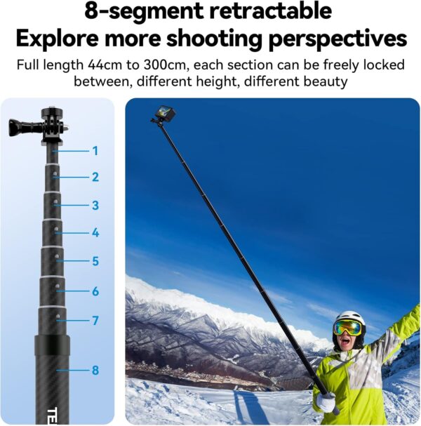 TELESIN G3 Selfie Stick Pole Long Invisible (118"/3M), Carbon Fiber Waterproof Underwater Monopod for GoPro Max Hero 13 12 11 10 9 8, Insta360 X3 Go3 Ace Pro, DJI Action Pocket AKASO Bike Motorcycle - Image 4