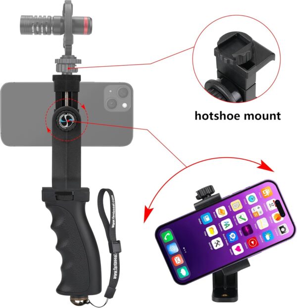 Ergonomic Anti-Falling Cell Phone Vlogging Hand Grip Stabilizer Smartphone Holder Rig Mount Video Kit w/Safety Strap Portable Selfie Stick for iPhone Samsung (Landscape+Portrait)-Mic/Light Adapter - Image 3
