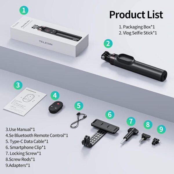 Selfie Stick Tripod with Remote for GoPro 13 12 11 10 9 8 Black Go Pro Max 11 Mini Phones, Telesin Waterproof Aluminum Extension Pole Monopod for iPhone Android Action Camera Accessories - Image 6