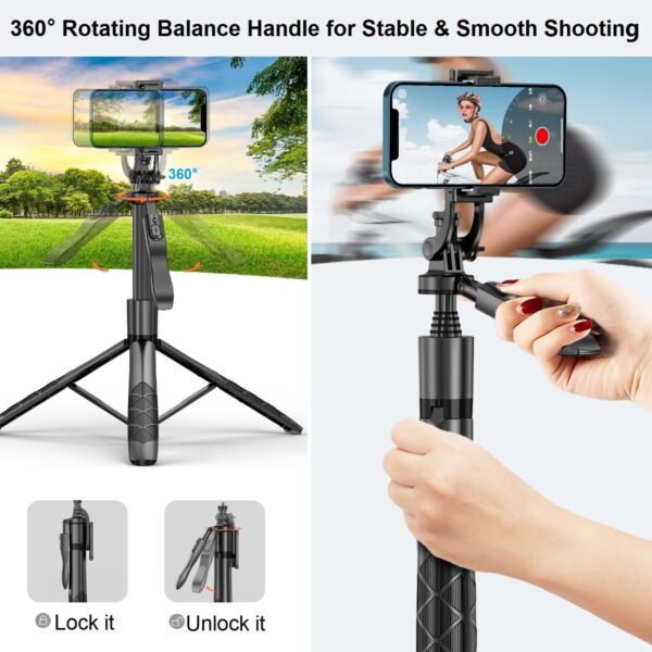 Selfie Stick Phone Tripod for iPhone - 60" Extendable Cellphone Tripod Selfie Stick for iPhone Android Camera 360° Rotating Travel Tripods Stabilizer Phone Stand Holder for Pictures Video Record Vlog - Image 4