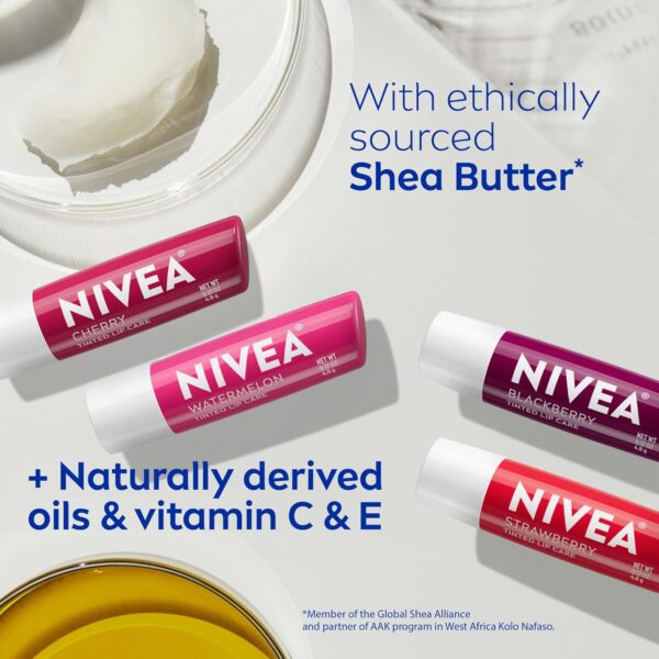 NIVEA Lip Care, Fruity Tinted Lip Balm Variety Pack, Cherry, Strawberry, Blackberry and Watermelon Flavors, 3-in-1 Moisture, Repair and Color, 0.17 Oz Stick, Pack of 4 - Image 8