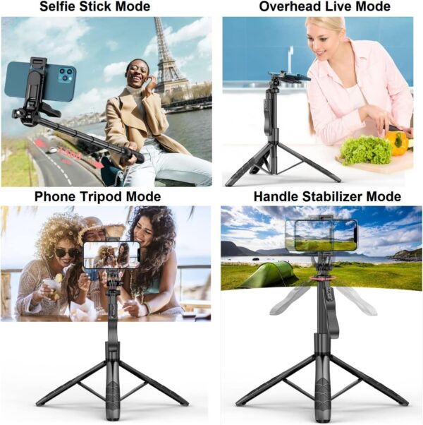 60" Phone Tripods Selfie Stick - All in One Extendable Cell Phone Tripod Stand Holder with Wireless Remote, Handheld Phone Stabilizer Travel Tripod for iPhone Android Camera for Video Recording Vlog - Image 8