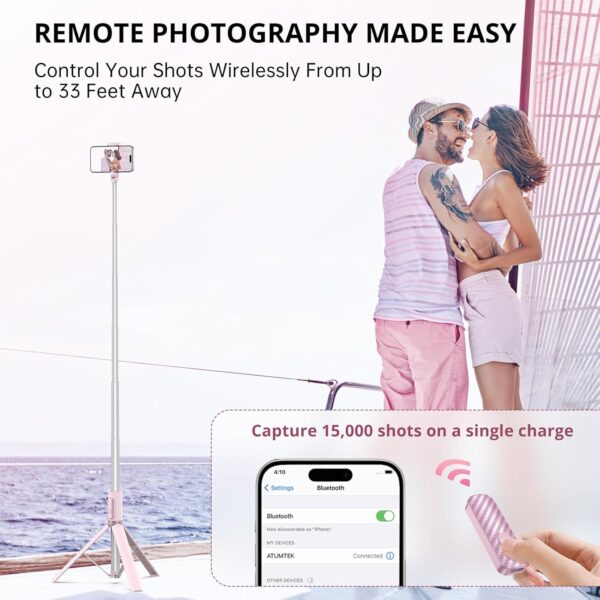 ATUMTEK 55" Selfie Stick Tripod, All-in-one Extendable Aluminum Phone Tripod with Rechargeable Bluetooth Remote for iPhone, Samsung, Google, LG, Sony and More, Fitting 4.7-7 inch Smartphones, Pink - Image 3