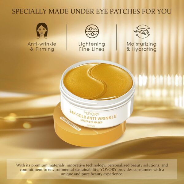 Under Eye Patches Masks - Collagen & Hyaluronic Acid for Removing Eye bags, Puffiness, Dark Circles Smoothing Skin Care Treatment for Women and Men, (60 Pcs) Gold - Image 3