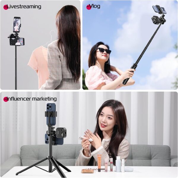 ULANZI MT-70 Extendable Phone Tripod, 63"" Selfie Stick Phone Vlog Tripod Stand with 2 Phone Clip, 360° Rotate Dual Camera Tripod for iPhone Sony Canon GoPro, Lightweight for Travel, Black - Image 9