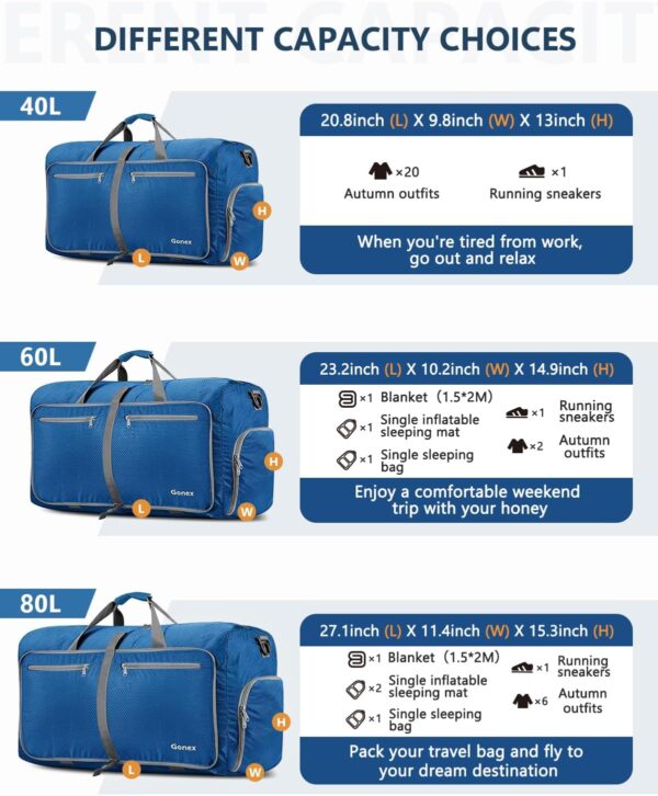 Gonex 40L 60L 80L 100L 150L Large Foldable Travel Duffle Bag with Shoes Compartment, Packable Lightweight Water Repellent Duffel Bag for Camping Gym Weekender Bag - Image 2