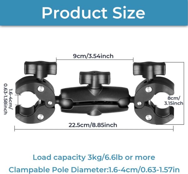 Sequpr Camera Clamp Mount for Gopro, Super Clamp Adapter Double Head Multifunction Holder for Motorcycle, Photography Light Fixture Bracket,Umbrella,Selfie Stick,Reflector - Image 6
