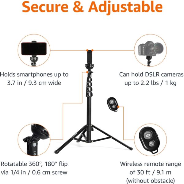 Amazon Basics 64-inch Extendable Tripod for iPhones and Smartphones, Selfie Stick Mode and Phone Tripod Mode, Black - Image 4