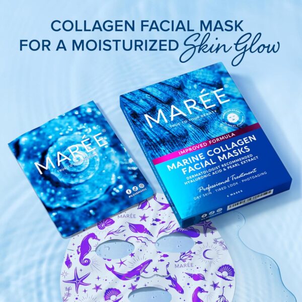 MAREE Collagen Facial Mask with Hyaluronic Acid - Sheet Face Masks Skincare with Green & Red Algae Extract - Hydrating Mascarillas Faciales For Women Skin Care - 6 Pack - Image 5