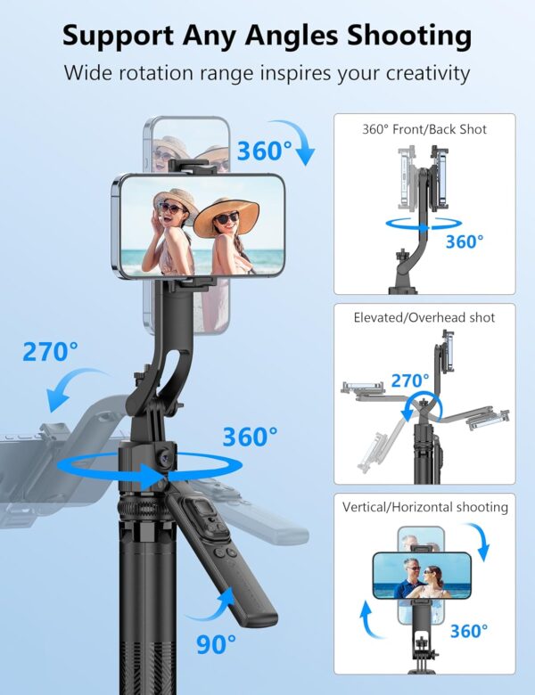 64'' Auto Face Tracking Tripod 360 Rotation with Stand, Handheld Stabilization, Aluminum Quadrapod Selfie Stick Phone Tripod with Remote Compatible with iPhone, Android for TikTok, Live Streaming - Image 6