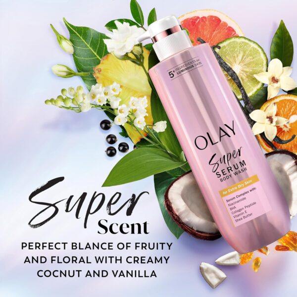 Olay Super Serum Body Wash for Extra Dry Skin, 24hr Long Lasting Hydration, 5+ Ingredient Serum Complex for Bright Even Firm Luminous Skin, 18.5 fl oz - Image 8