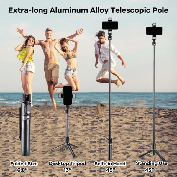 Selfie Stick with Rugged Tripod,MQOUNY Extendable 41 Inch Aluminum Alloy Phone Tripod with Detachable Wireless Rechargeable Remote and Dual Ring Light,360 Rotation Phone Holder for Smartphone (Black) - Image 6