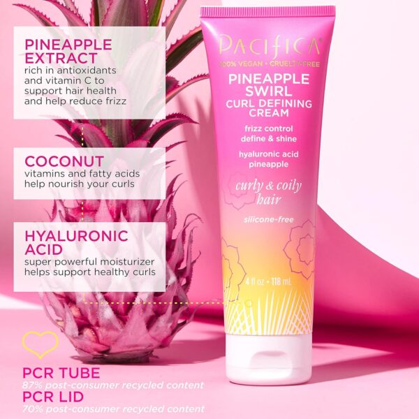 Pacifica Pineapple Swirl Curl Defining Cream for Curly Hair 4 oz – Frizz Control & Curl Enhancer Styling Cream for Curly & Wavy Hair Coconut Oil & Hyaluronic Acid Defines & Adds Bounce Without Crunch - Image 2